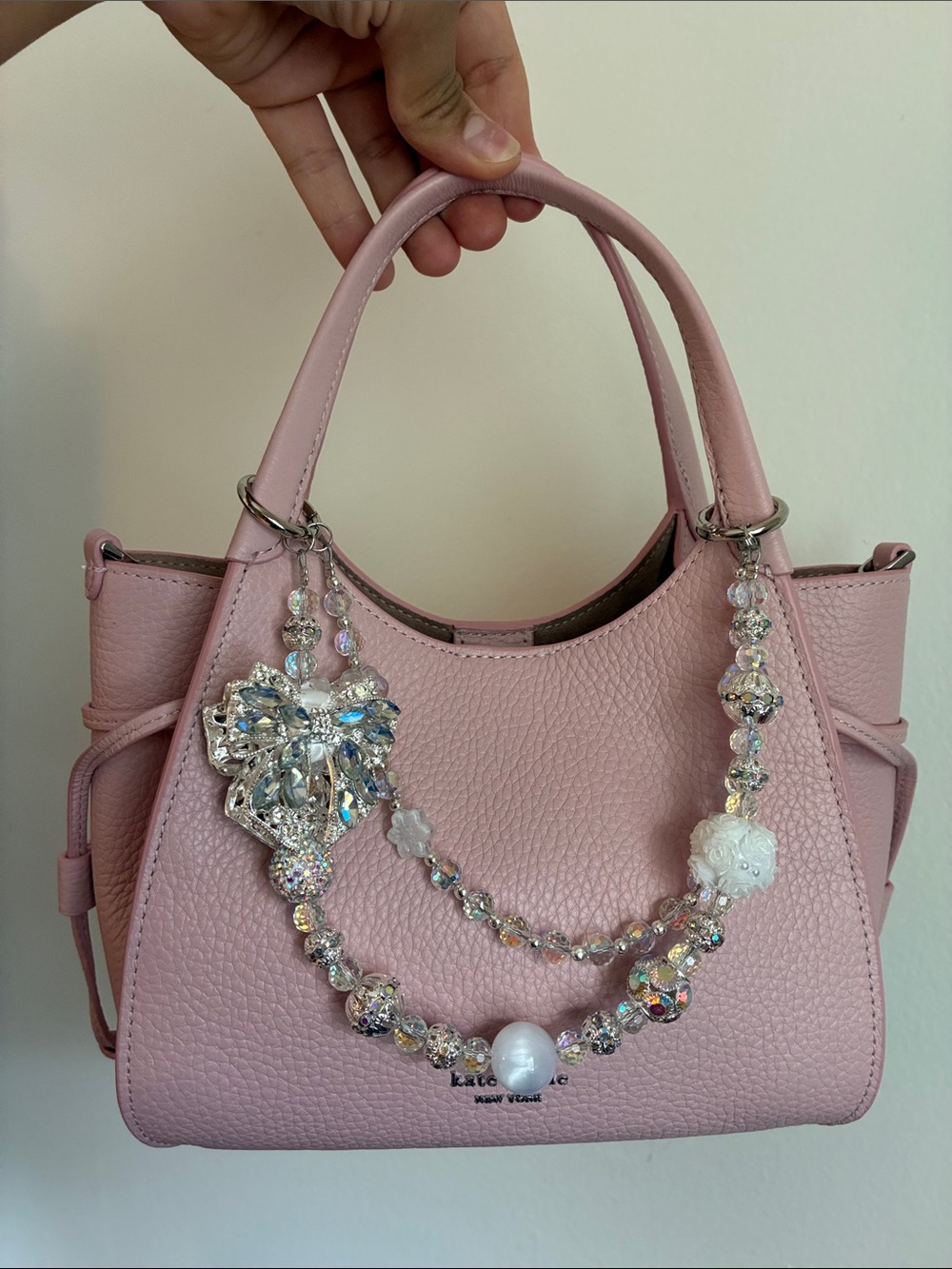 Crystal Clear Bow Silver Beaded Bag Chain